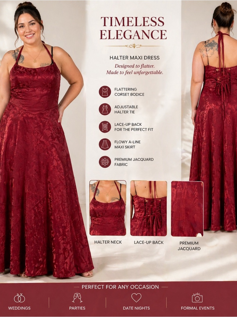 Halter Corset Maxi Dress in Burgundy